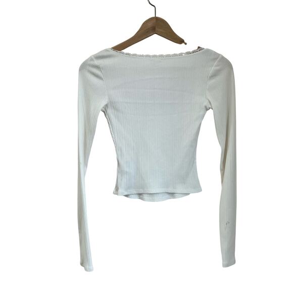 Garage White Ribbed Long Sleeve Scoop Neck Top Stretchy Size XS - Picture 3 of 8